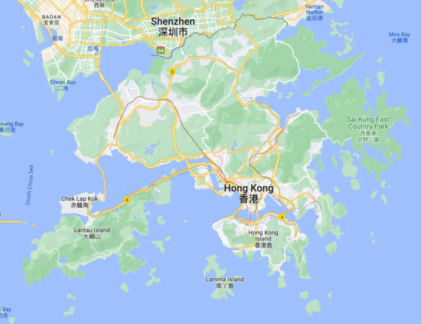 香港人口集中在南部维多利亚港南北、丘陵沟壑区域